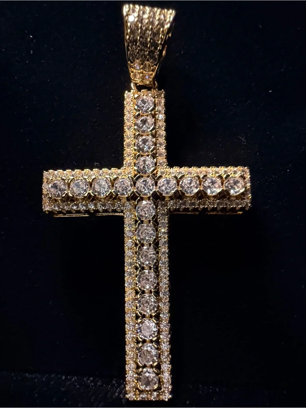 Iced Out Moissanite cross pendant 2.5in w/iced bell 14k gold finish (cross only)